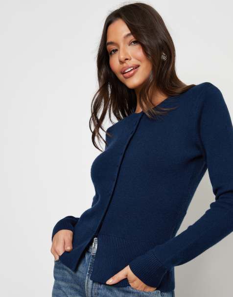 Threadbare Crew neck compact knitted cardigan in navy