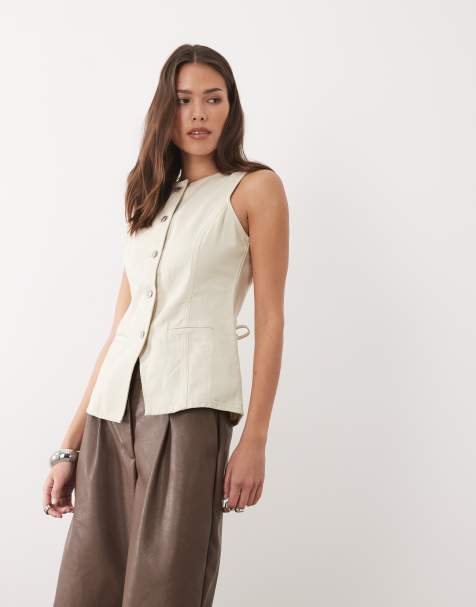 Threadbare crew neck denim waistcoat in ecru - view 1