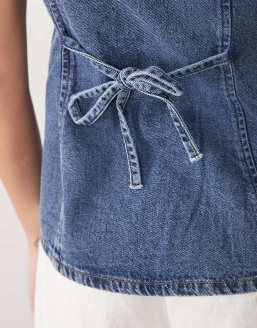 Threadbare crew neck denim waistcoat in mid wash blue, 3 of 4