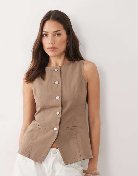 Threadbare crew neck denim waistcoat in mocha brown - view 1