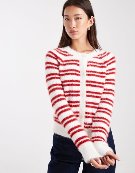 Threadbare crew neck fluffy cardigan in ecru and red stripes - view 1
