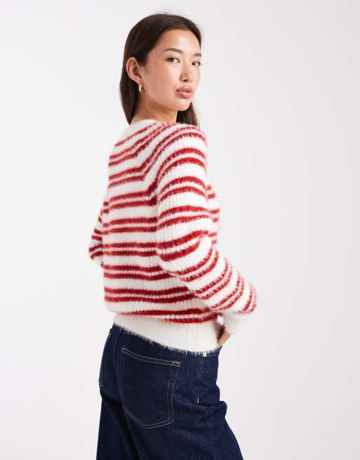 Threadbare crew neck fluffy cardigan in ecru and red stripes, 4 of 4