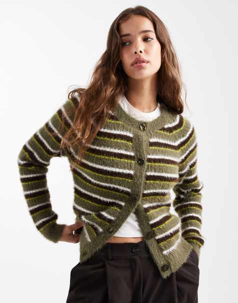 Threadbare crew neck fluffy cardigan in green stripe - view 1