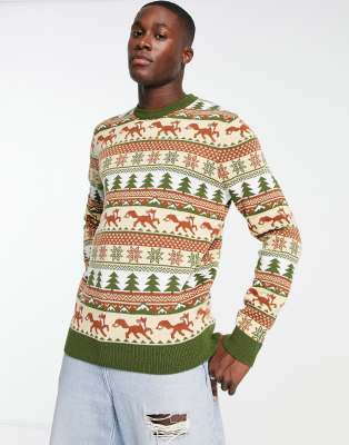 Threadbare crew neck fox Christmas jumper in camel