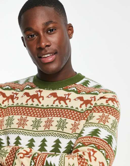 Threadbare crew neck fox Christmas jumper in camel ASOS