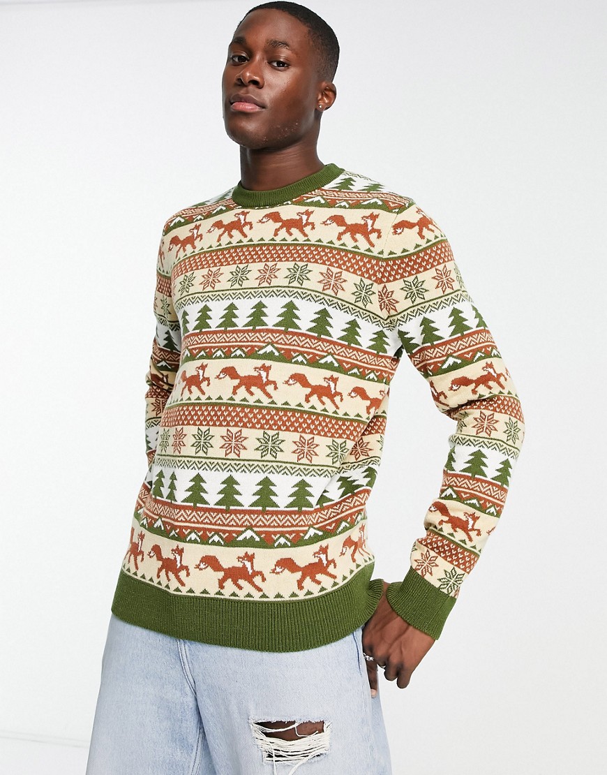crew neck fox Christmas sweater in camel-Neutral