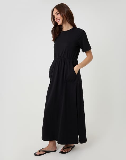 Threadbare Crew neck jersey midi dress with patch pockets in black