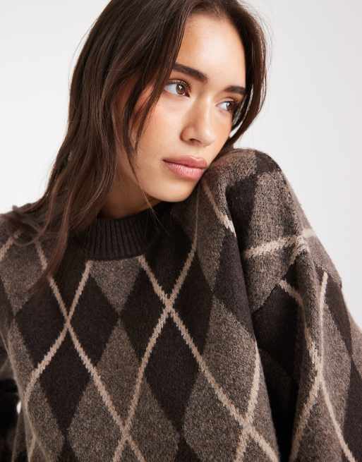 Threadbare crew neck jumper in brown argyle, 3 of 4