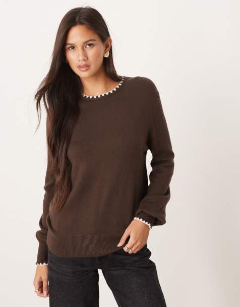 Threadbare crew neck jumper with contrast blanket stitch in chocolate brown - view 1