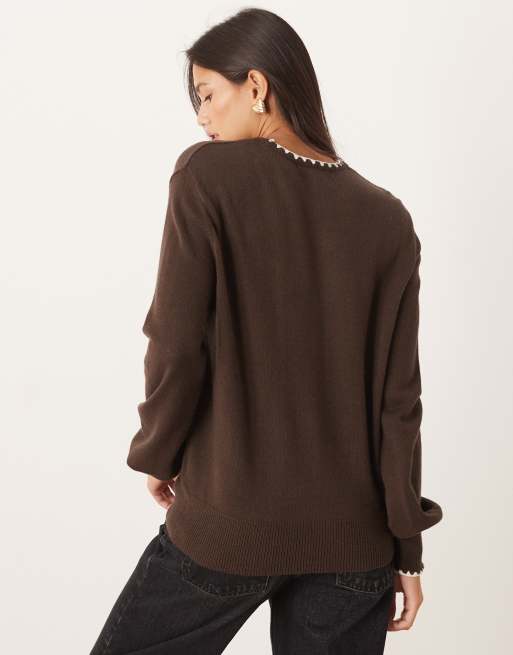 Threadbare crew neck jumper with contrast blanket stitch in chocolate brown, 3 of 4