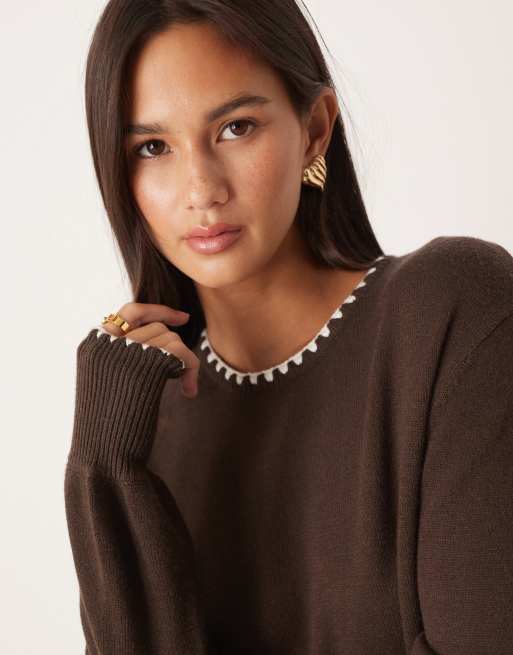Threadbare crew neck jumper with contrast blanket stitch in chocolate brown, 4 of 4
