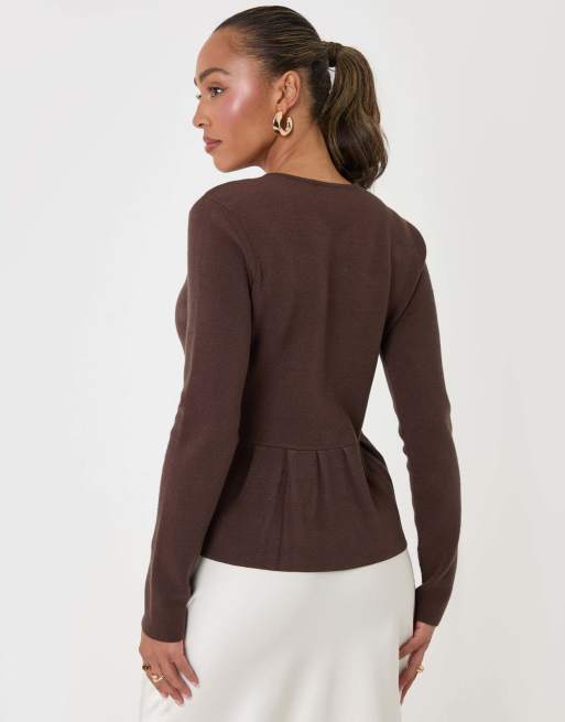 Threadbare Crew neck peplum cardigan in chocolate brown, 2 of 4