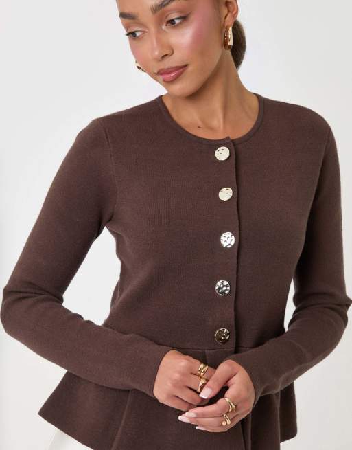 Threadbare Crew neck peplum cardigan in chocolate brown, 3 of 4