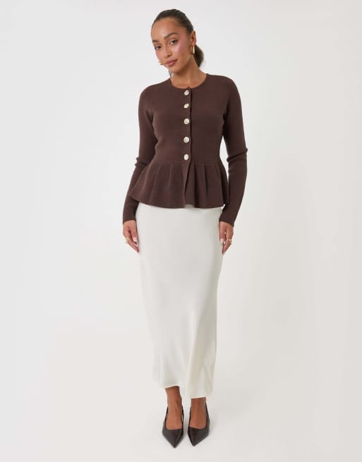 Threadbare Crew neck peplum cardigan in chocolate brown, 4 of 4
