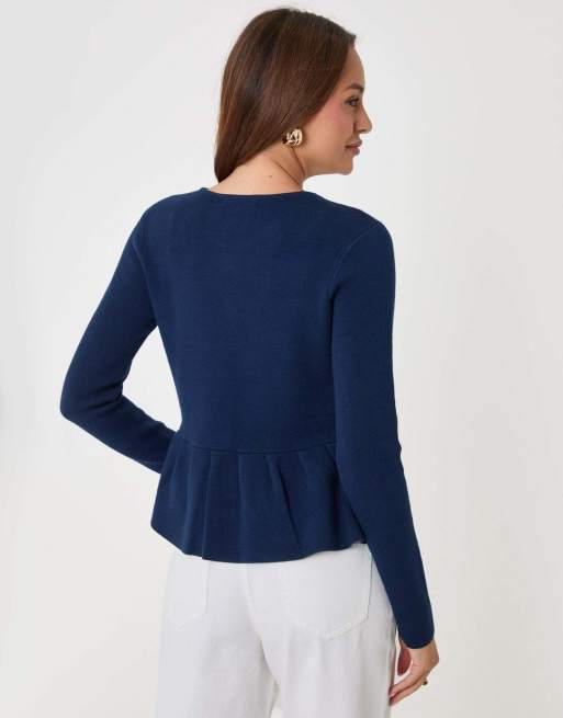 Threadbare Crew neck peplum cardigan in navy, 2 of 5
