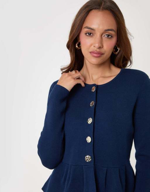 Threadbare Crew neck peplum cardigan in navy, 3 of 5