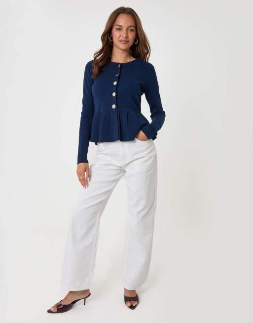 Threadbare Crew neck peplum cardigan in navy, 4 of 5
