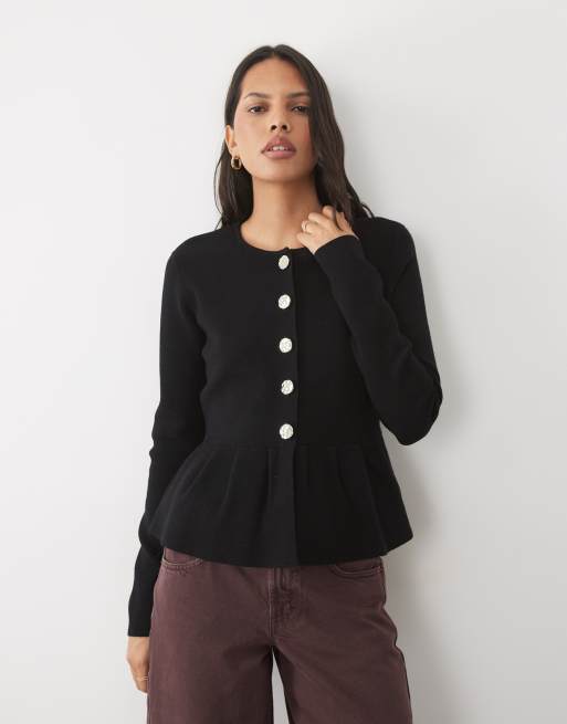 Threadbare crew neck peplum cardigan with gold buttons in black, 2 of 4