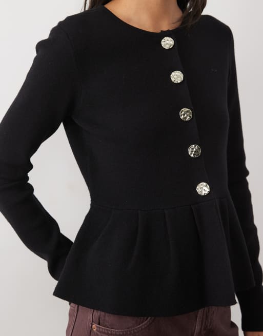 Threadbare crew neck peplum cardigan with gold buttons in black, 4 of 4