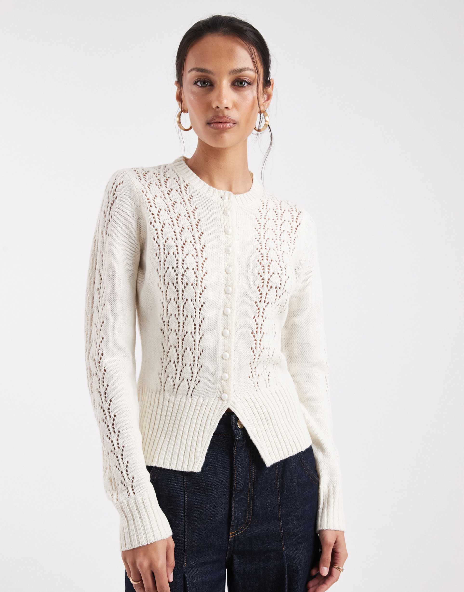 threadbare crew neck pointelle cardigan in ecru