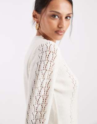 Threadbare Crew Neck Pointelle Cardigan In White