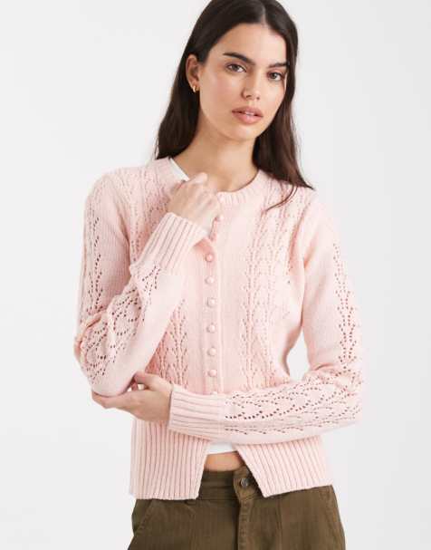 Threadbare crew neck pointelle cardigan in pink