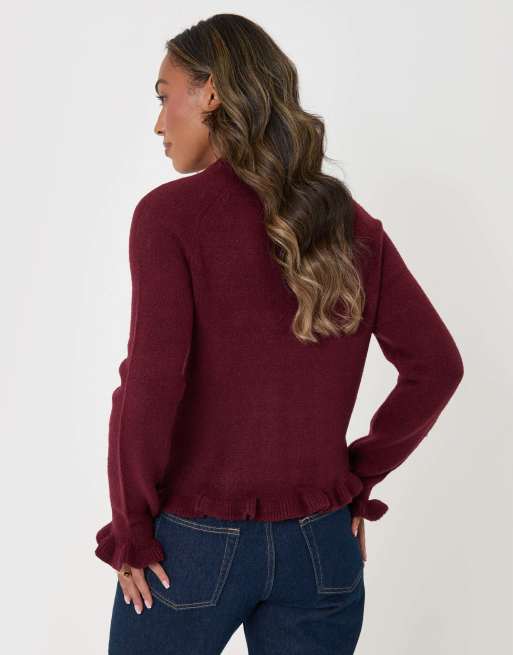 Threadbare Crew neck ruffle cardigan in burgundy, 2 of 5