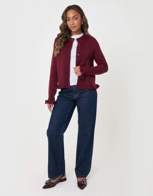 Threadbare Crew neck ruffle cardigan in burgundy, 3 of 5