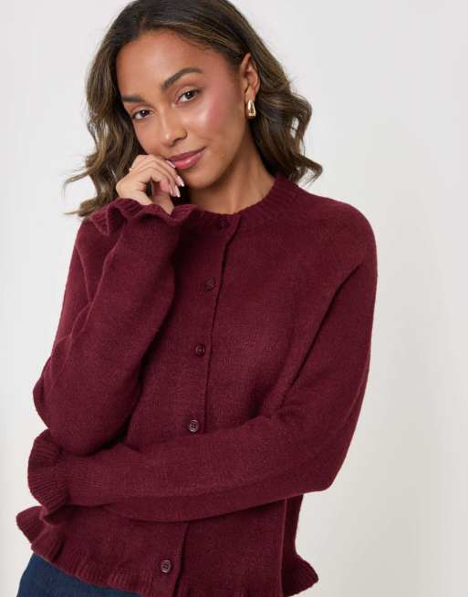 Threadbare Crew neck ruffle cardigan in burgundy, 4 of 5