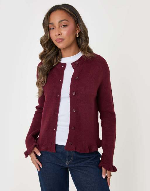 Threadbare Crew neck ruffle cardigan in burgundy, 5 of 5