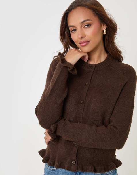 Threadbare Crew neck ruffle cardigan in chocolate brown - view 1