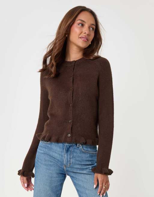 Threadbare Crew neck ruffle cardigan in chocolate brown, 2 of 5