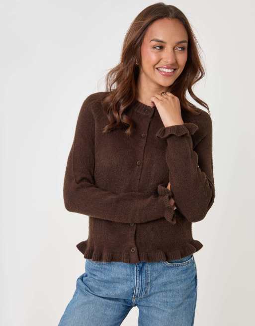 Threadbare Crew neck ruffle cardigan in chocolate brown, 3 of 5