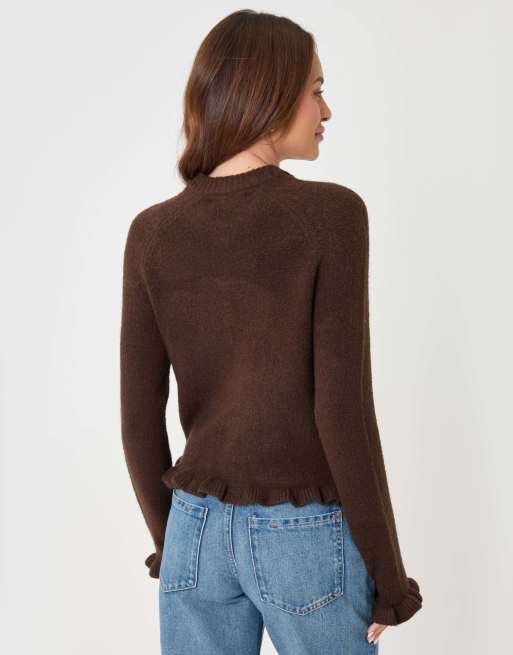 Threadbare Crew neck ruffle cardigan in chocolate brown, 4 of 5