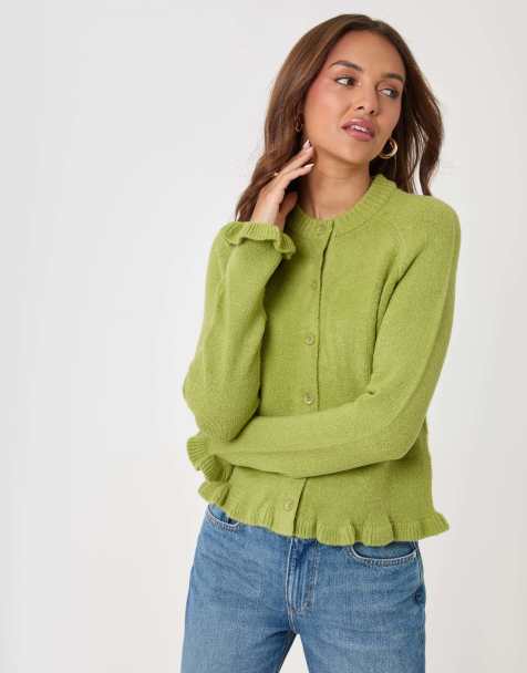 Threadbare Crew neck ruffle cardigan in green in green - view 1