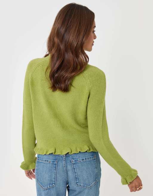 Threadbare Crew neck ruffle cardigan in green in green, 2 of 5