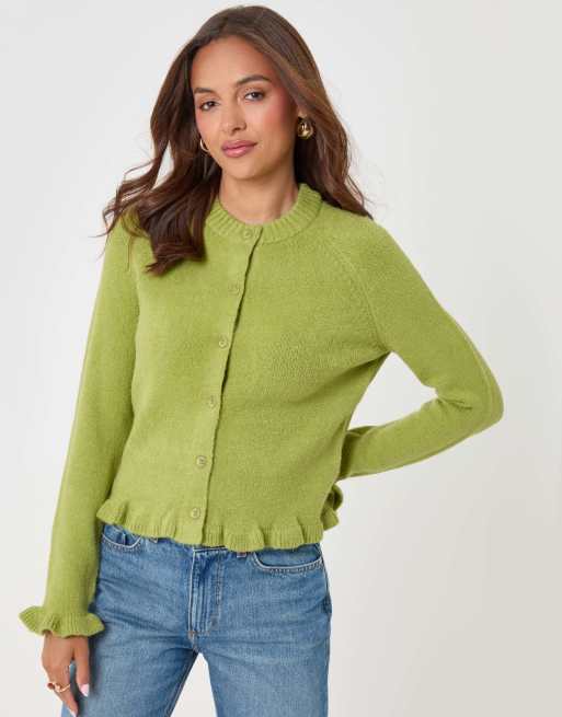 Threadbare Crew neck ruffle cardigan in green in green, 3 of 5