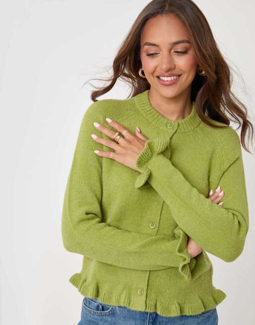 Threadbare Crew neck ruffle cardigan in green in green, 5 of 5