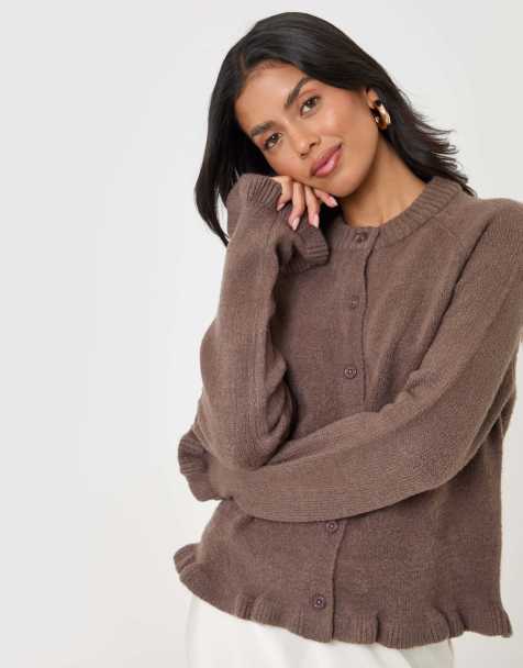 Threadbare Crew neck ruffle cardigan in mocha brown - view 1