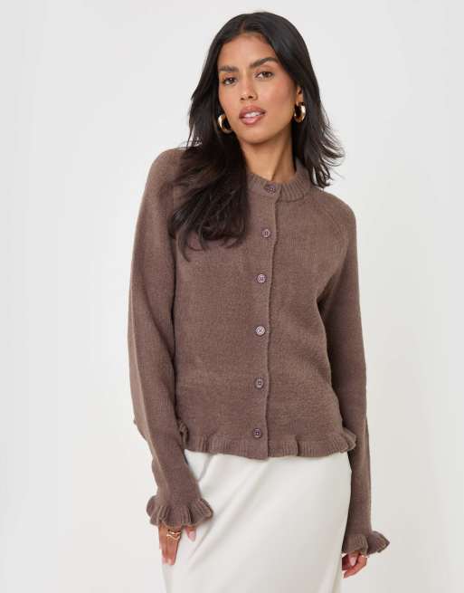Threadbare Crew neck ruffle cardigan in mocha brown, 5 of 5