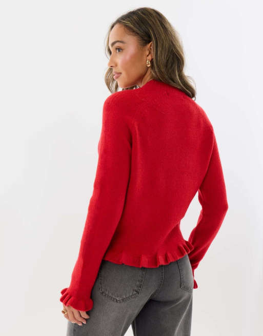 Threadbare Crew neck ruffle cardigan in red, 2 of 4