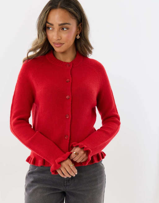 Threadbare Crew neck ruffle cardigan in red, 3 of 4