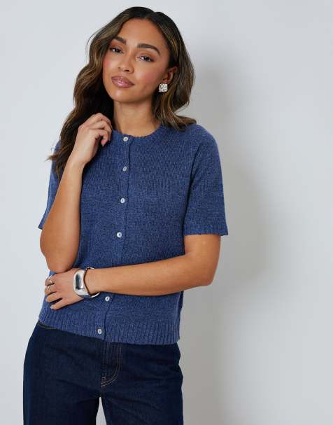 Threadbare Crew neck short sleeve knitted cardigan in blue