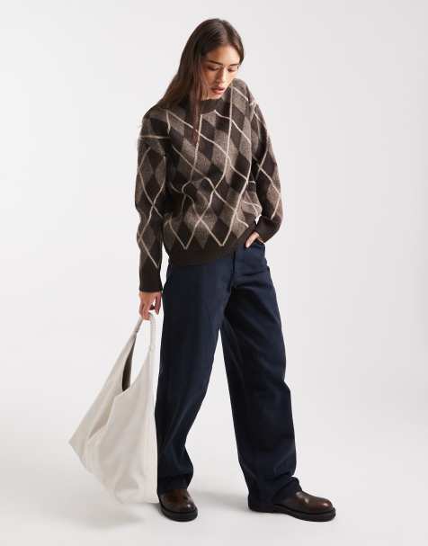 Threadbare crew neck sweater in brown argyle - view 1