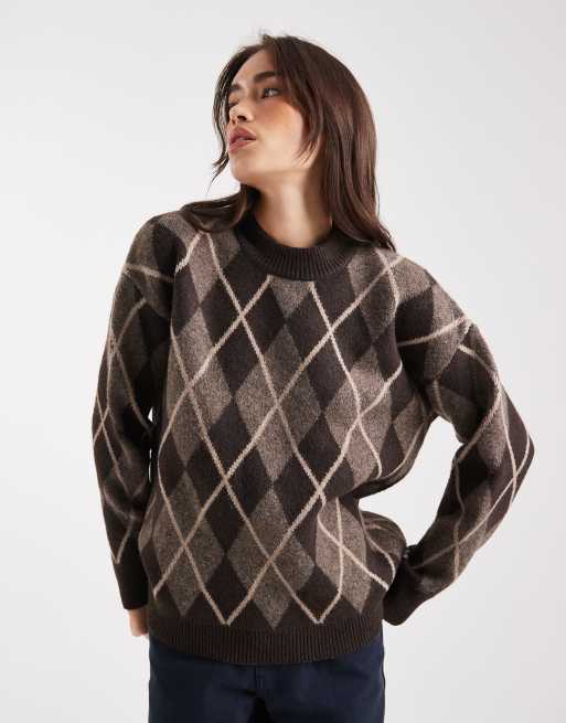 Threadbare crew neck sweater in brown argyle