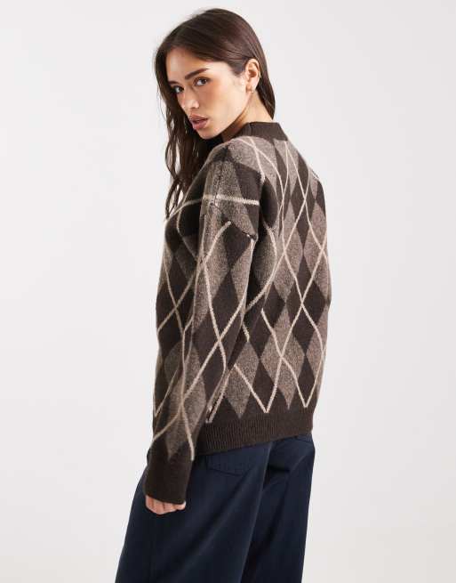 Threadbare crew neck sweater in brown argyle