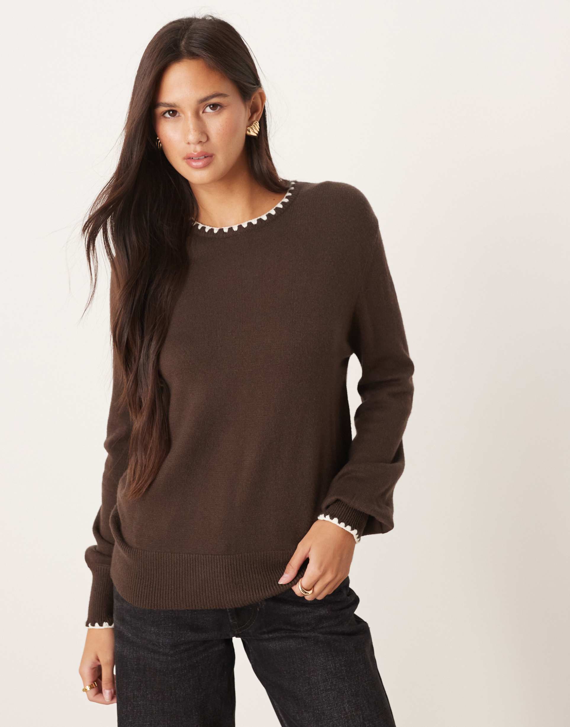 threadbare crew neck sweater with contrast blanket stitching in chocolate brown