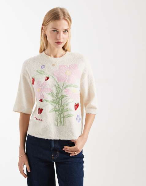 Threadbare crew neck sweater with flower motif in ecru - view 1