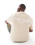 [Threadbare] Threadbare crew neck t-shirt with surf back print in stone-Neutral L STONE