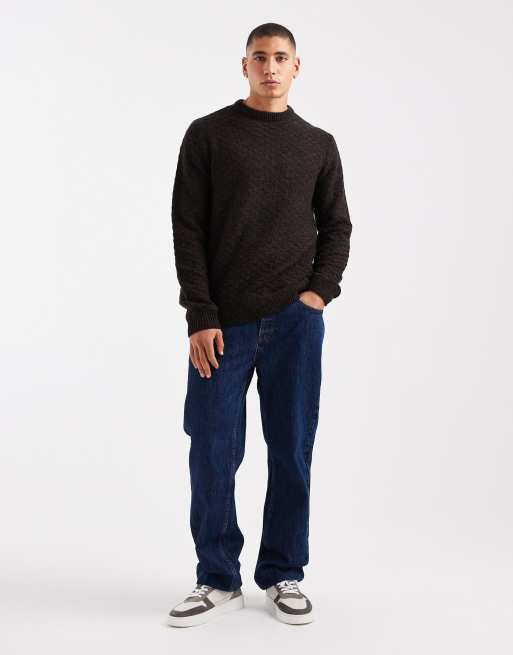 Threadbare crew neck textured knit sweater in black and brown twisted yarn, 2 of 5